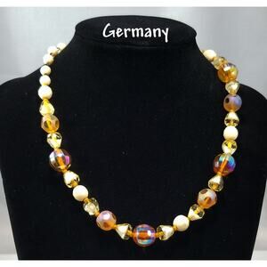 Vintage Germany Glass Bead Necklace Cream & Topaz AB Knotted Choker 16"